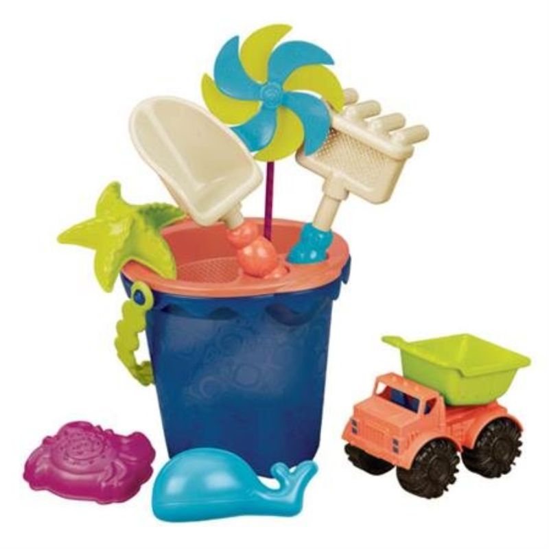 Navy B. Sands Ahoy Medium Bucket (30cm) with sand molds, truck, sifter, and shovel for beach fun. Perfect for kids 18 months+.