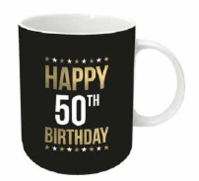 Elegant gold foil 50th birthday mug, 12oz ceramic perfect for celebrations, stylish gift, microwave and dishwasher safe.