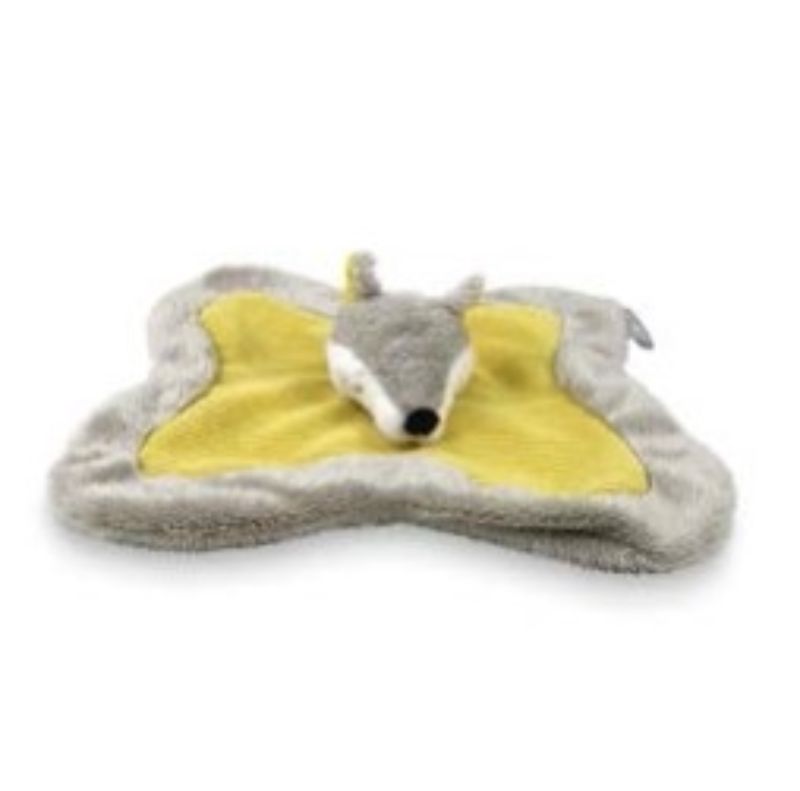 A cozy 20cm grey and mustard fox blanket, perfect for babies, offering warmth and comfort for snuggles and playtime.