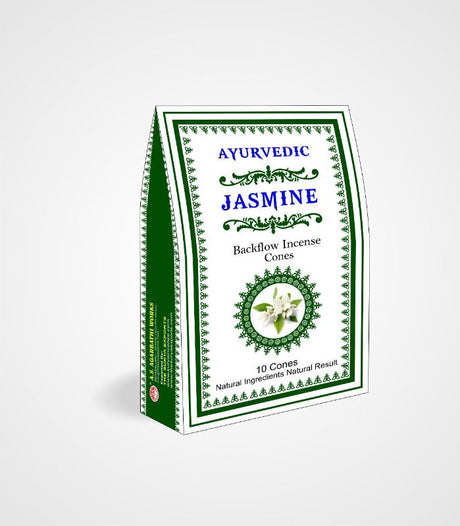 Ayurvedic Backflow Cones in Jasmine, 12 packets, releasing calming jasmine fragrance for stress relief and meditation.