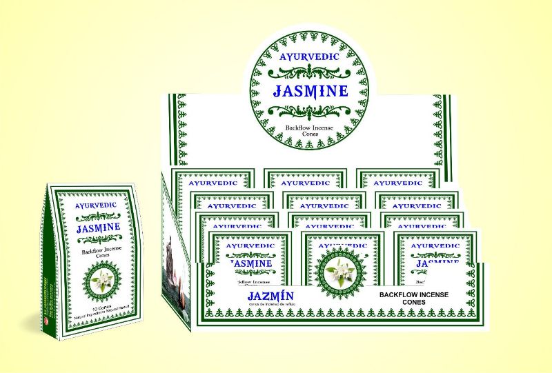 Ayurvedic jasmine backflow cones in a 12-pack for calming aromatherapy and enchanting smoke effects.