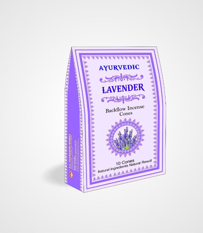 Ayurvedic lavender backflow cones in a box of 12, promoting relaxation with a soothing aroma and captivating smoke effect.