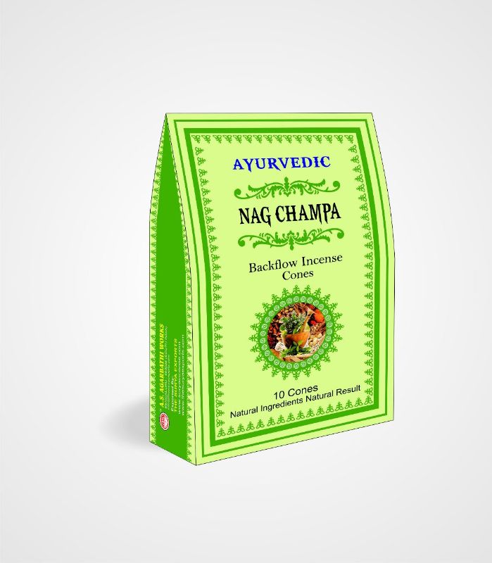 Ayurvedic Backflow Cones in Nag Champa scent, box of 12 packets, ideal for meditation and creating calming smoke patterns.