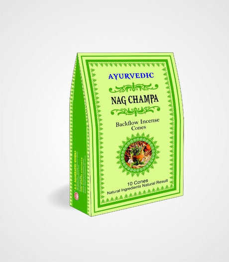 Ayurvedic Backflow Cones in Nag Champa scent, box of 12 packets, ideal for meditation and creating calming smoke patterns.