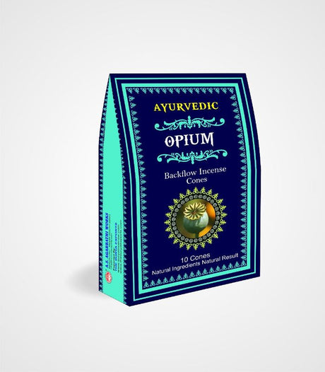 Ayurvedic backflow cones in Opium scent, promoting relaxation and enhancing meditation, packaged in a box of 12.