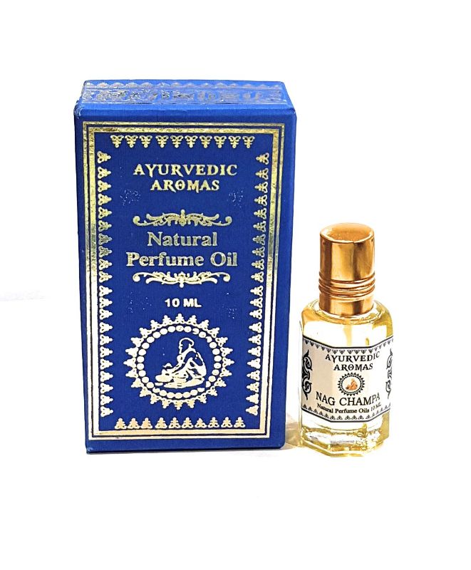 Ayurvedic Nag Champa perfume oil in a 10ml bottle, offering a serene, earthy aroma for relaxation and meditation.