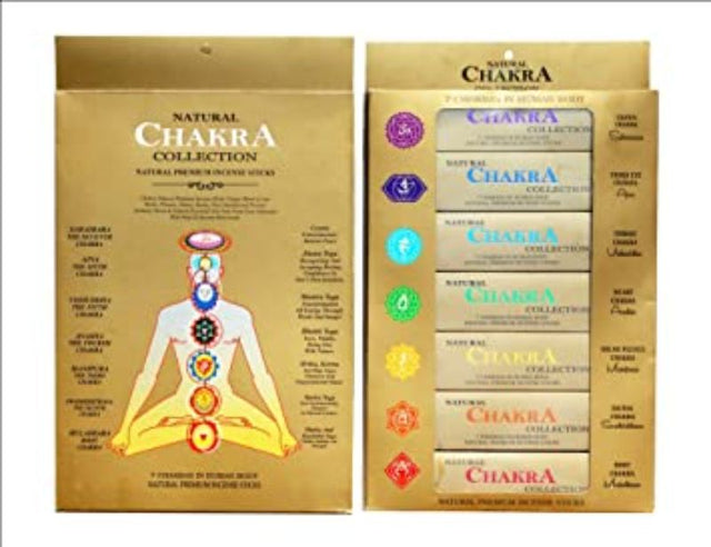 Ayurvedic 7 Chakra Collection box featuring 7 packets of incense sticks for balance, relaxation, and spiritual wellness.