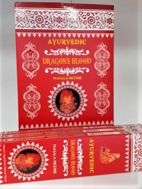 A box of 12 Ayurvedic Dragons Blood incense packets, promoting wellness and a serene atmosphere for meditation and relaxation.