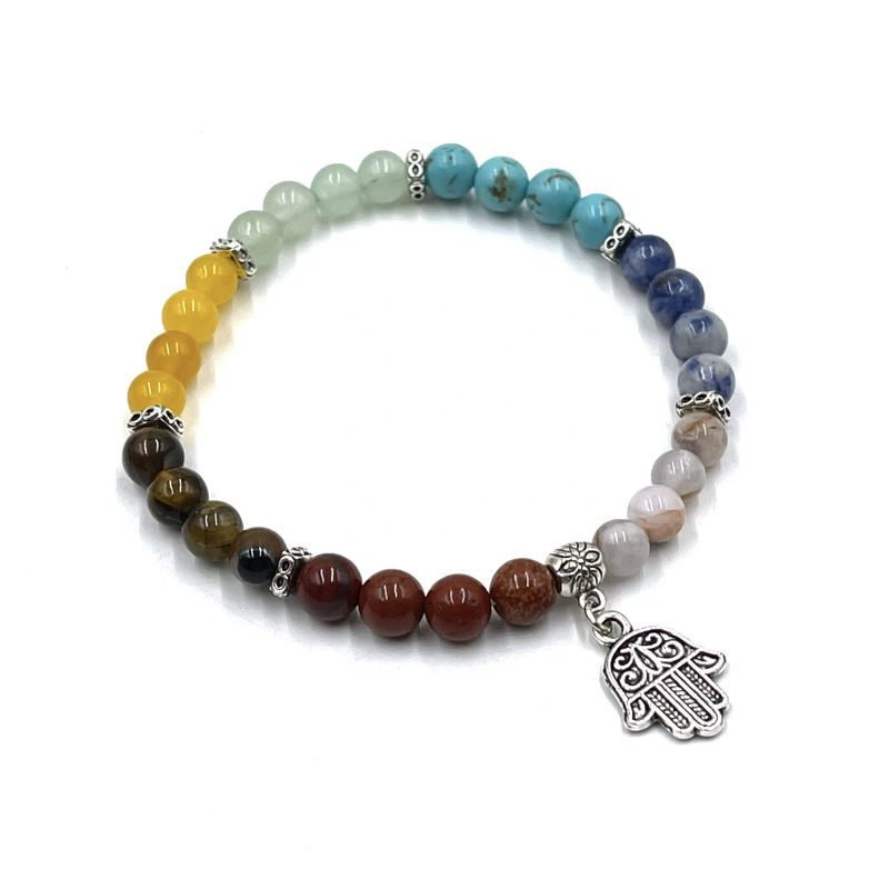 Chakra Stone Bracelet Set featuring Hamsa charm and natural stones for balance, protection, and spiritual growth.