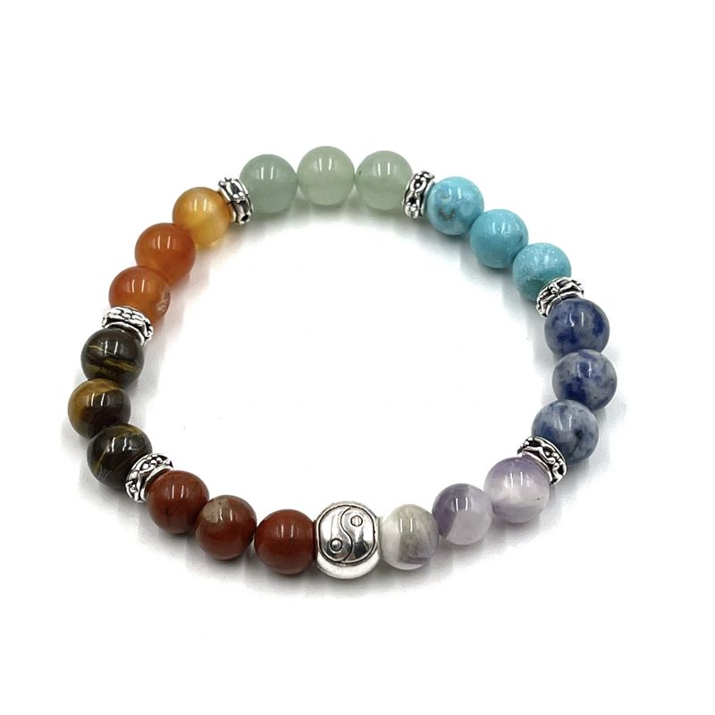 Chakra Stone Bracelet Set featuring Yin Yang beads and vibrant tumbled stones for energy alignment and stylish wear.