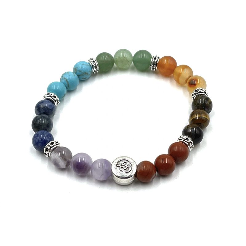 Chakra Stone Bracelet Set with Ohm Bead, featuring natural gemstones for balance, healing, and spiritual growth.