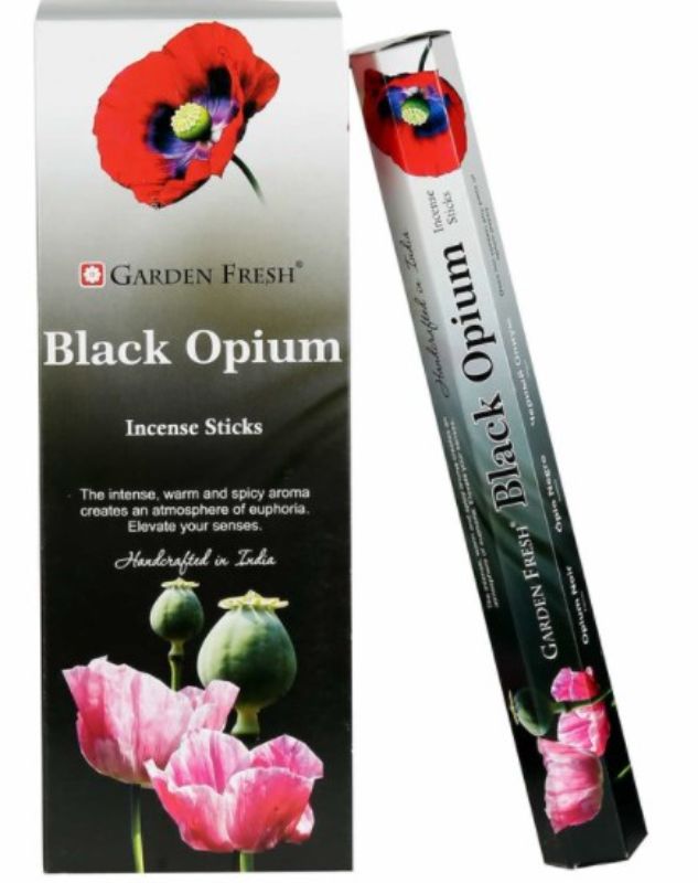 A box of 6 Garden Fresh Black Opium incense packs, featuring sweet floral notes for relaxation and meditation.