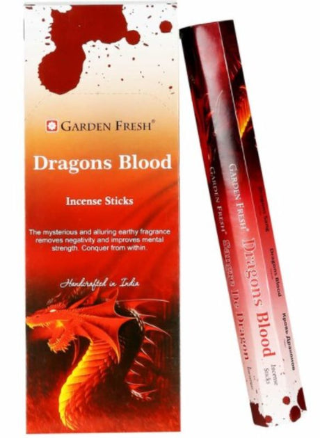 Box of 6 Garden Fresh Dragons Blood incense packs, featuring a rich, soothing aroma perfect for relaxation and meditation.