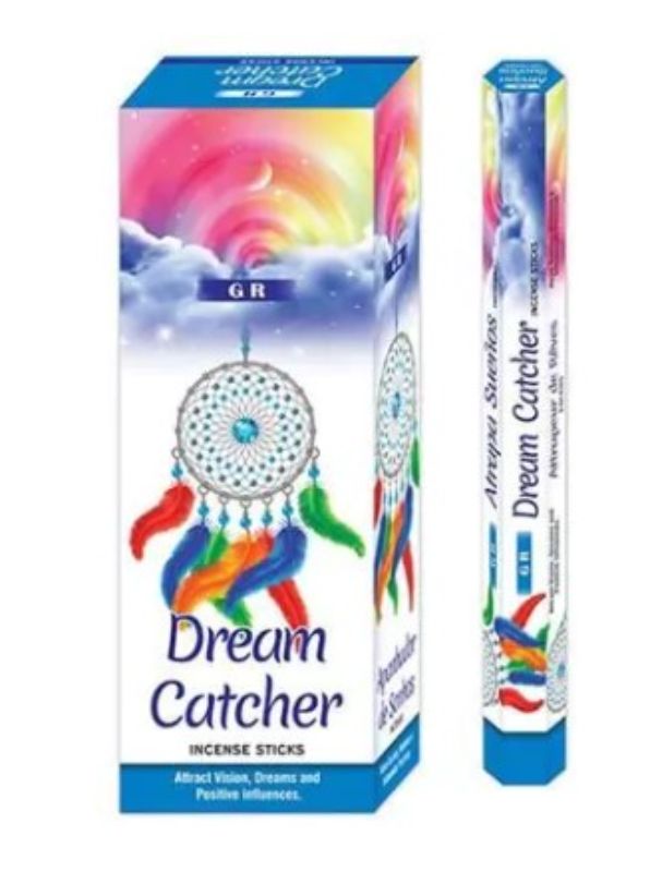 Box of 6 GR Dreamcatcher Hexa Incense packets featuring sweet floral and earthy scents for relaxation and meditation.