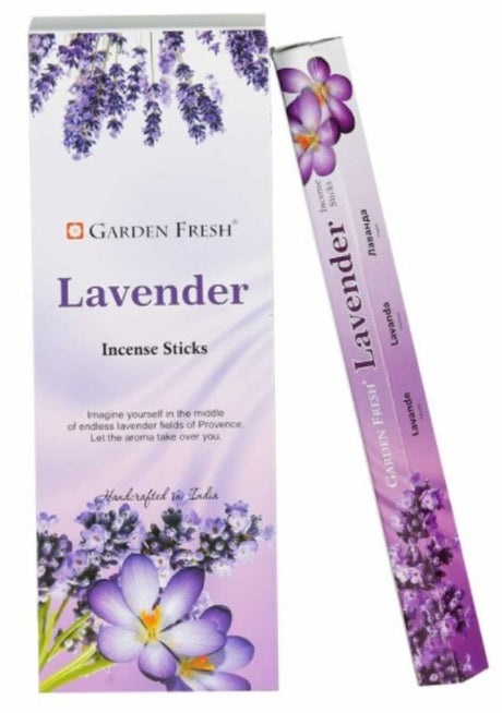 Box of 6 packs of Garden Fresh Lavender Hexa incense sticks, offering soothing lavender aroma for relaxation and meditation.