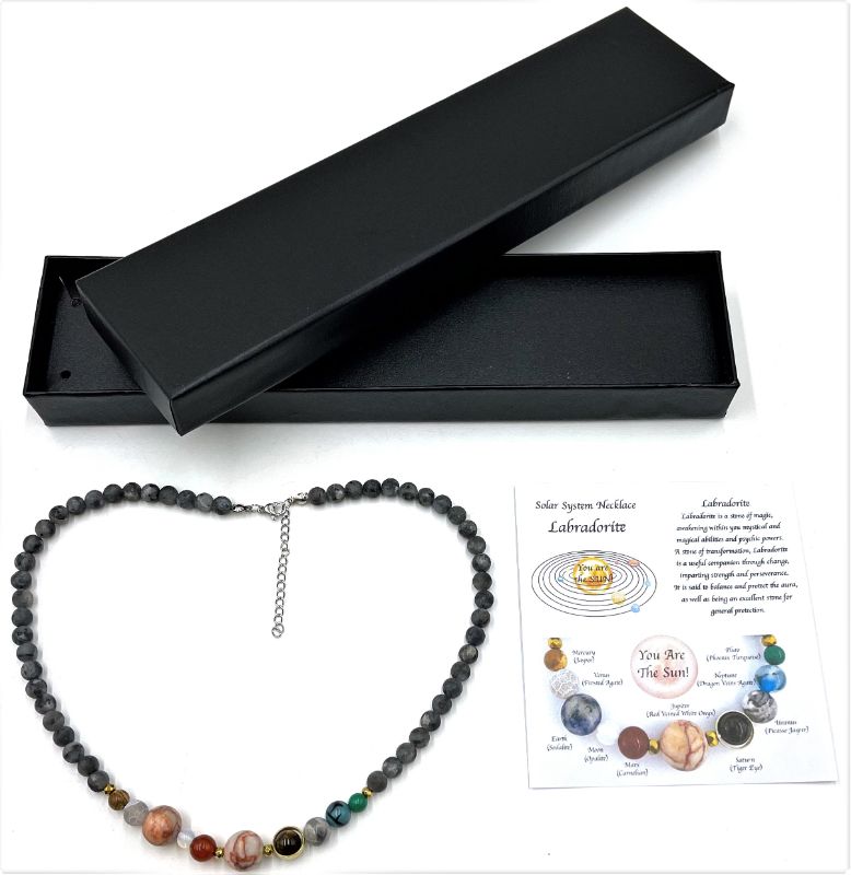 Solar System Necklace featuring matte dark labradorite beads, reflecting cosmic beauty and unique celestial charm.