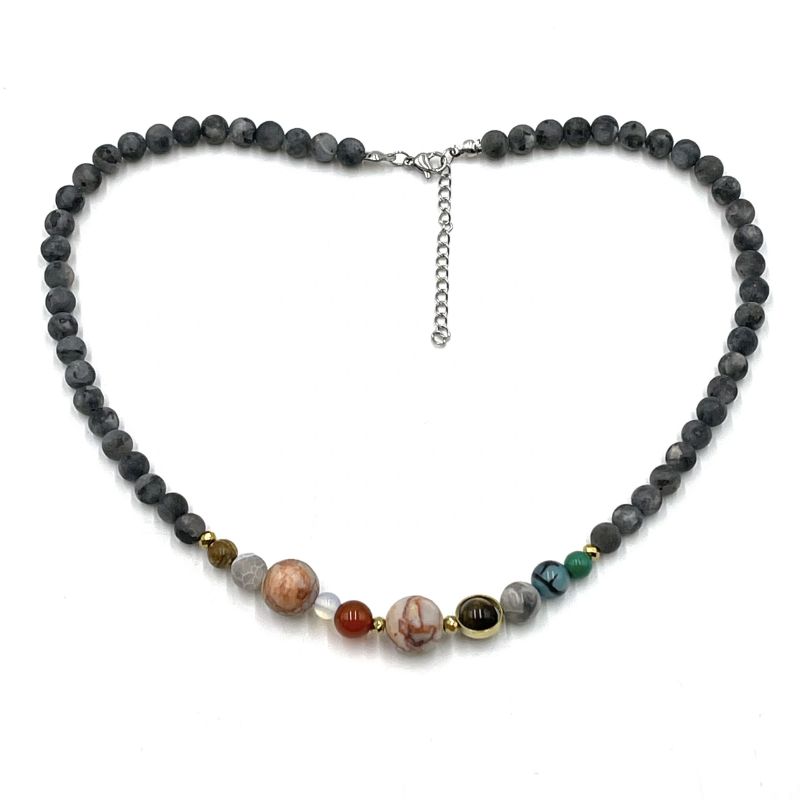 A stunning Solar System Necklace featuring 0.6cm matte dark labradorite beads, evoking cosmic beauty and elegance.