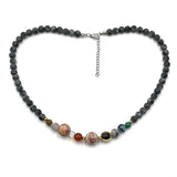 A stunning Solar System Necklace featuring 0.6cm matte dark labradorite beads, evoking cosmic beauty and elegance.