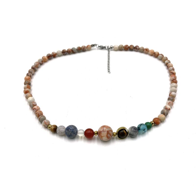 Elegant Solar System Necklace with Red Veined White Onyx beads, featuring stunning cosmic charm and eco-friendly craftsmanship.