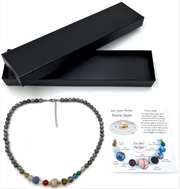 Solar System Necklace featuring 0.6 cm Grey Picasso Jasper beads, capturing celestial beauty and elegance in a versatile design.