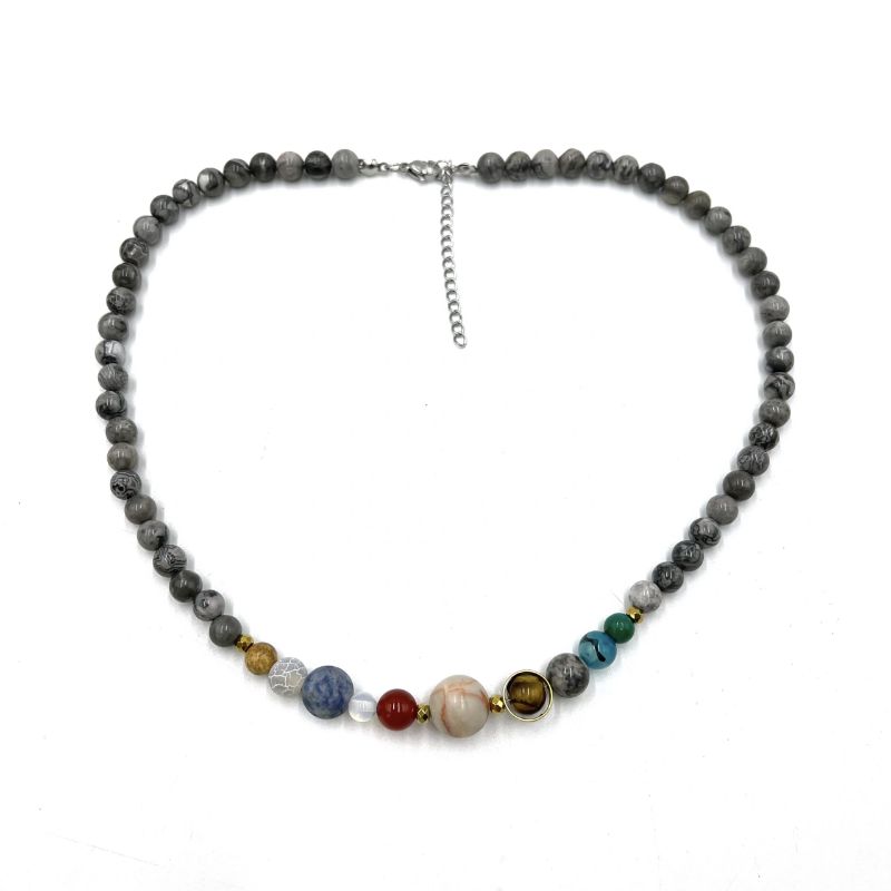 Solar System Necklace featuring 0.6 cm Grey Picasso Jasper beads, inspired by celestial planets, perfect for layering or gifting.