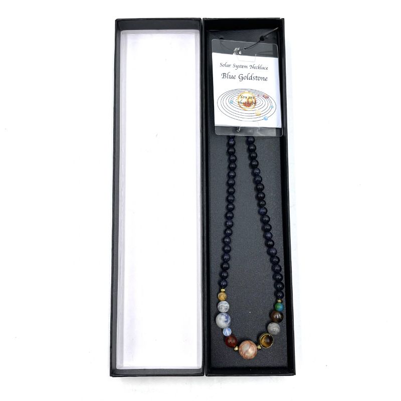 Solar System Necklace featuring shimmering blue goldstone beads, representing each planet on a durable chain.