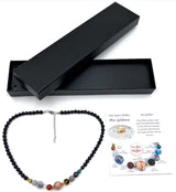 Solar System Necklace featuring shimmering blue goldstone beads, each representing a planet, perfect for astronomy enthusiasts.