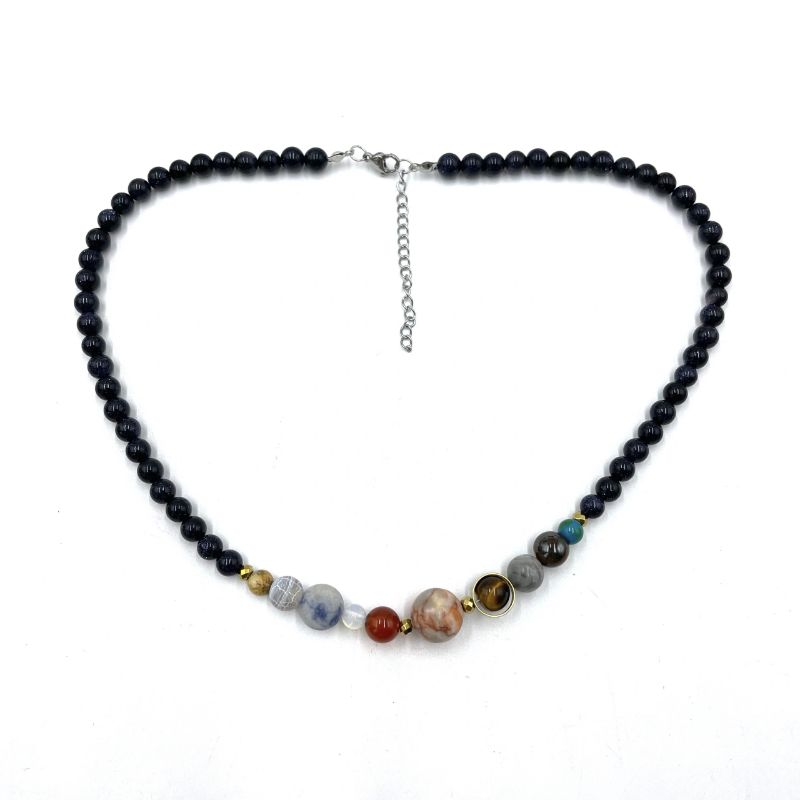 Solar System Necklace with shimmering blue goldstone beads, showcasing planets on a durable chain, perfect for cosmic enthusiasts.