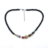 Solar System Necklace with shimmering blue goldstone beads, showcasing planets on a durable chain, perfect for cosmic enthusiasts.