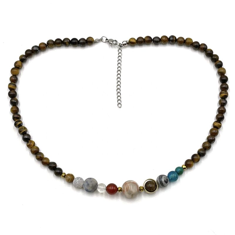 Solar System Necklace featuring 0.6cm tiger eye beads, blending cosmic inspiration with elegance and positive energy.