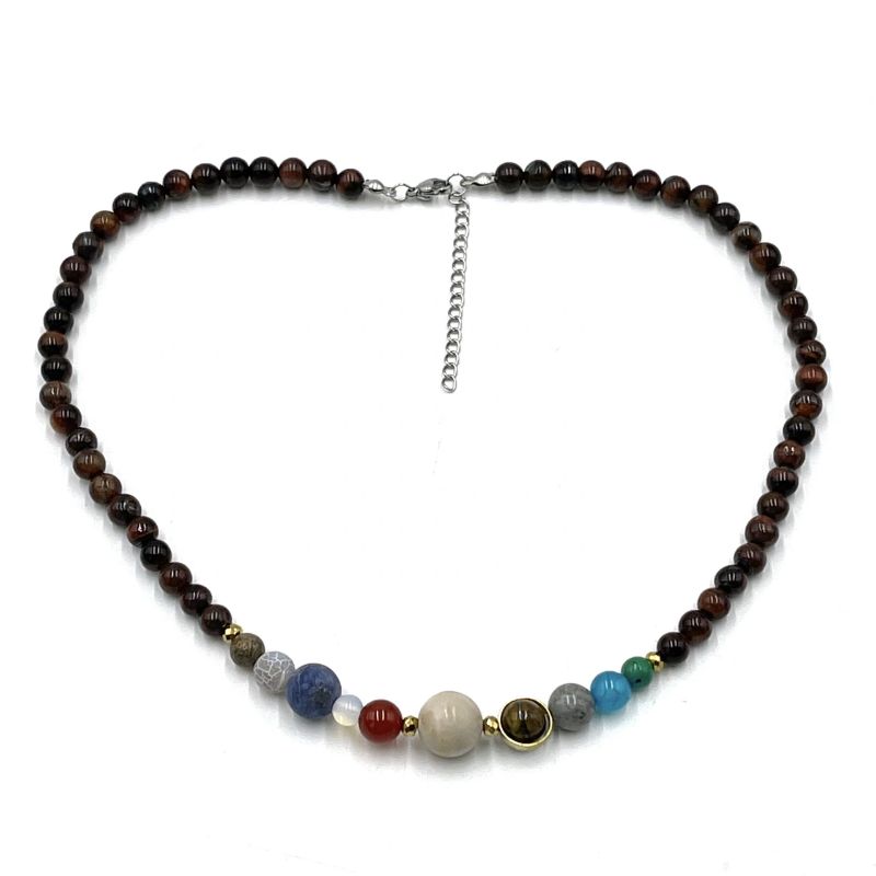 Solar System Necklace featuring 0.6cm Red Tiger Eye beads, symbolizing strength and elegance, perfect for celestial jewelry lovers.