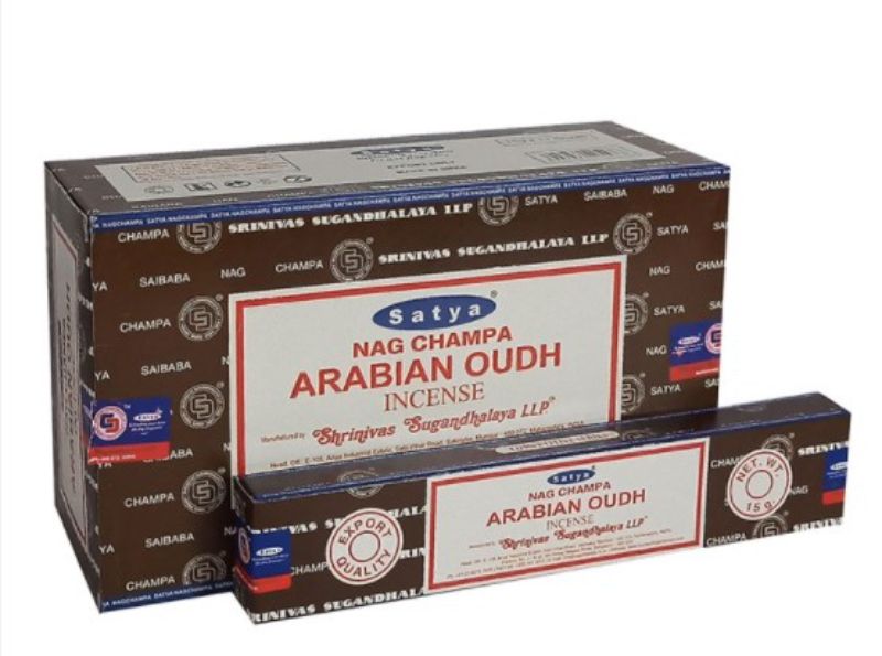 Sathya Nag Champa Arabian Oud incense box of 12, 15g each, offers rich woody aromas for meditation and relaxation.