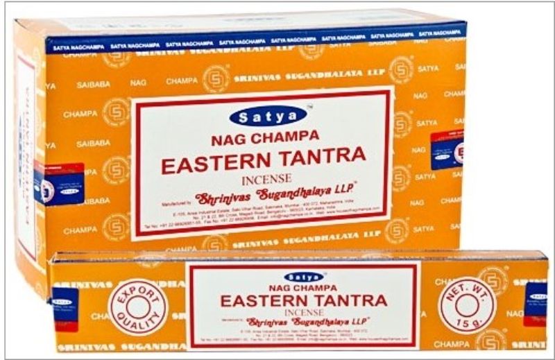 Box of 12 packs of Sathya Nag Champa Eastern Tantra Incense, perfect for meditation and creating a serene atmosphere.