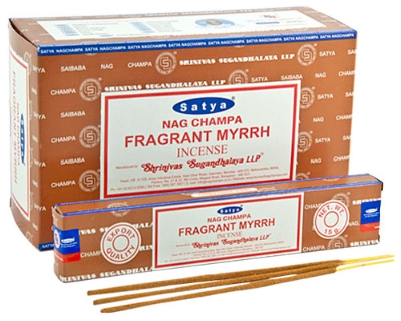 Sathya Nag Champa Fragrant Myrrh incense box containing 12 packs, each with 15g of soothing, earthy incense sticks.