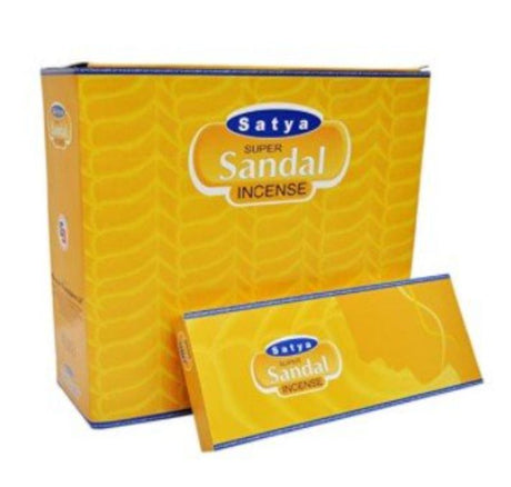 Box of 12 packs of Sathya Nag Champa Super Sandal incense, featuring soothing sandalwood aroma for meditation and relaxation.