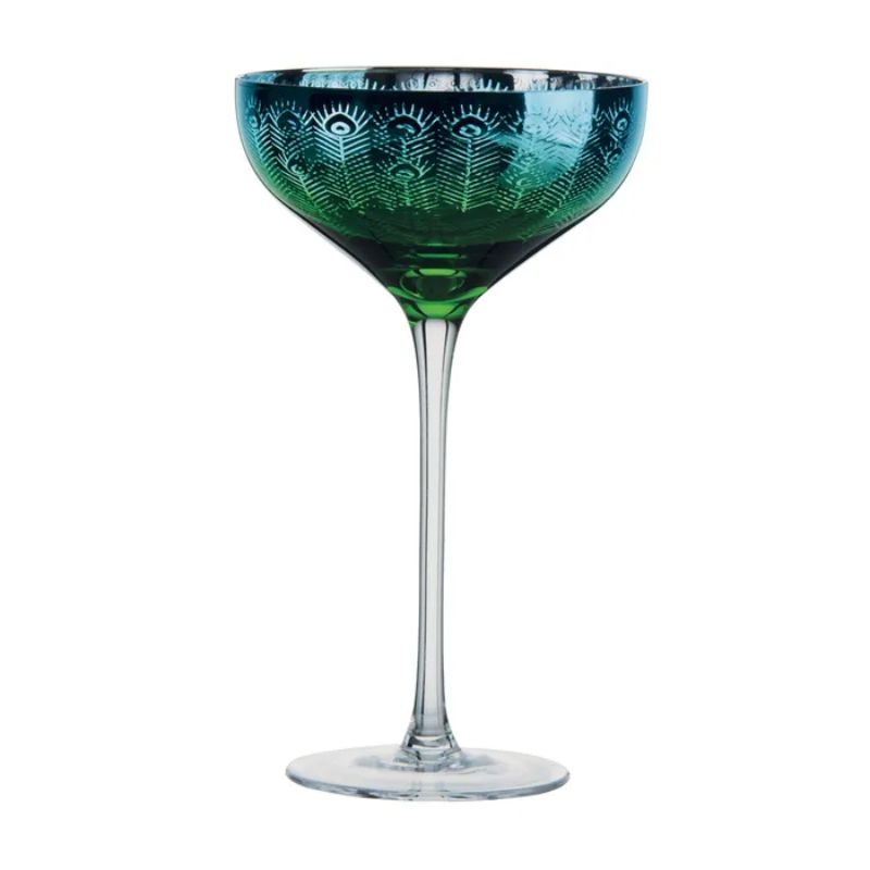 Artland Peacock Champagne Saucer Set of 2 featuring vibrant peacock feather design and mirrored interior, perfect for celebrations.