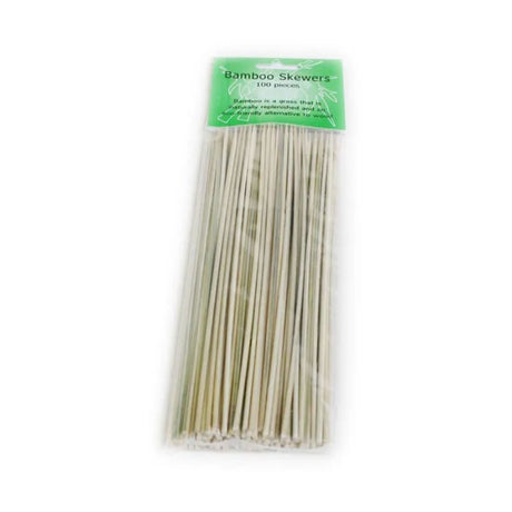 Bamboo skewers, 15cm long, in a box of 30, ideal for grilling meats and vegetables at barbecues and picnics. Eco-friendly choice.