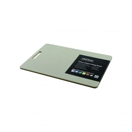 Brown polypropylene cutting board (300x450x12mm) with handle, heavy-duty for versatile food preparation in modern kitchens.