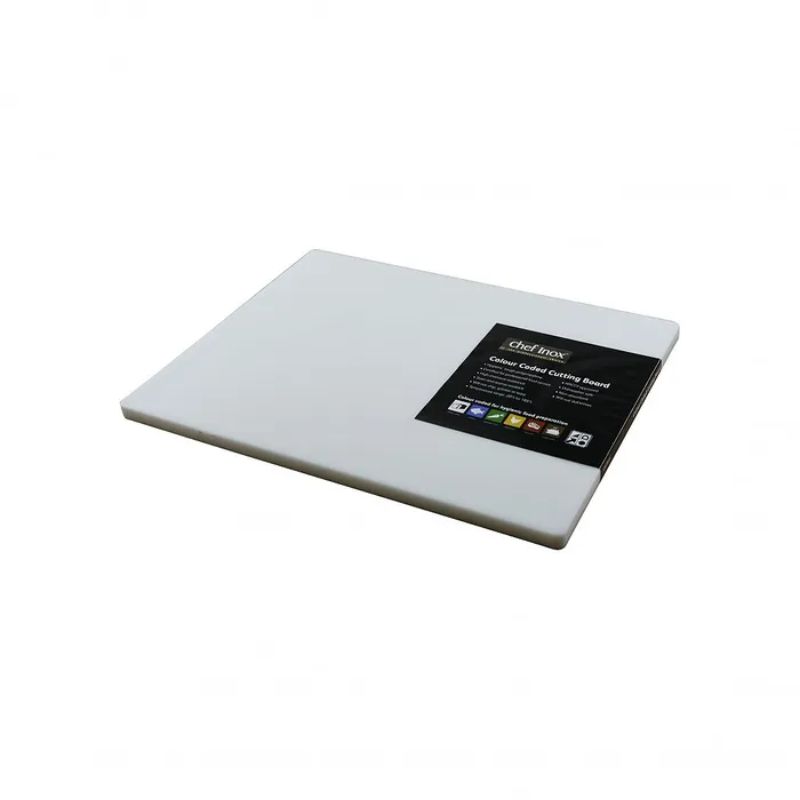 White polypropylene cutting board, 380x510x20mm, durable, non-porous, ideal for food prep in home and professional kitchens.