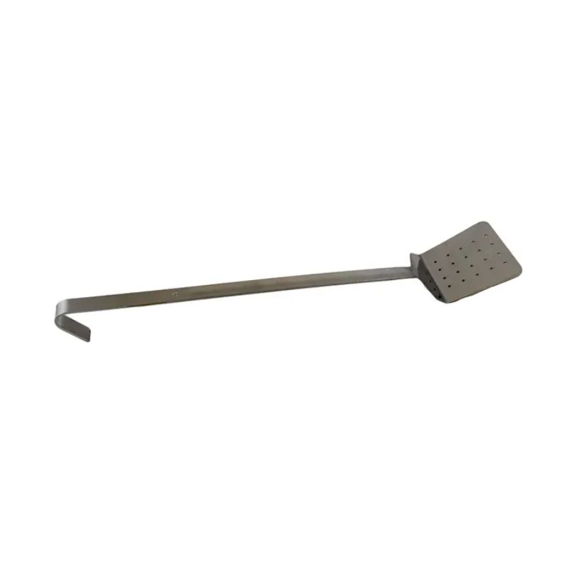 Perforated stainless steel spatula, 46cm long, ideal for flipping and draining oil from fried foods and grilled items.