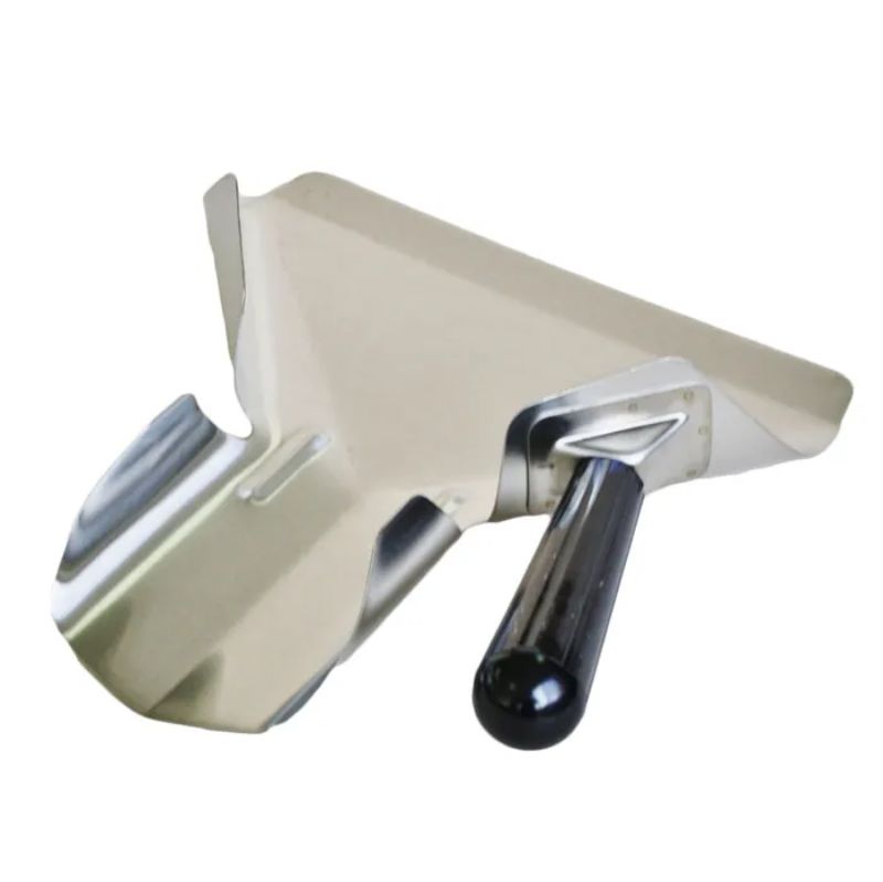 High-quality stainless steel chip scoop with ergonomic round handle for comfortable serving of snacks and ingredients.