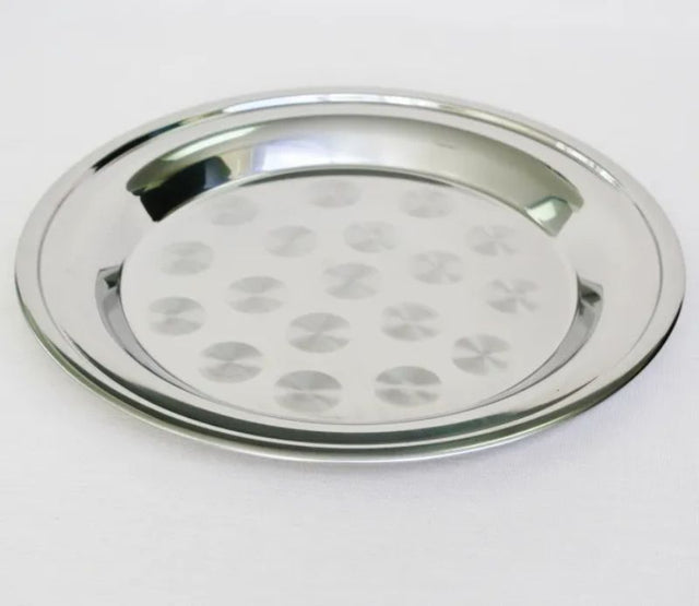 Elegant 35cm round stainless steel platter with a stylish swirl pattern, perfect for serving appetizers and desserts.