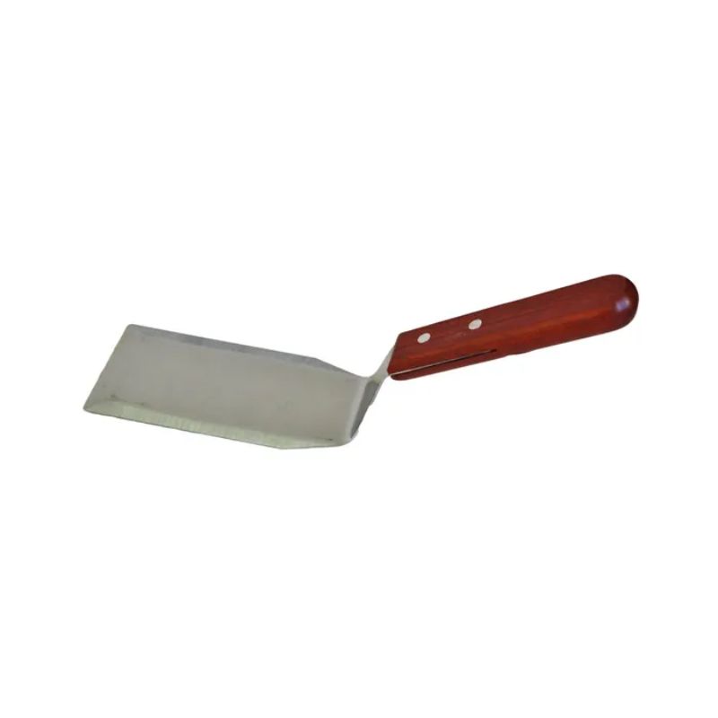 Stainless steel griddle scraper with ergonomic wood handle, ideal for cleaning and flipping, 75x125mm blade size.