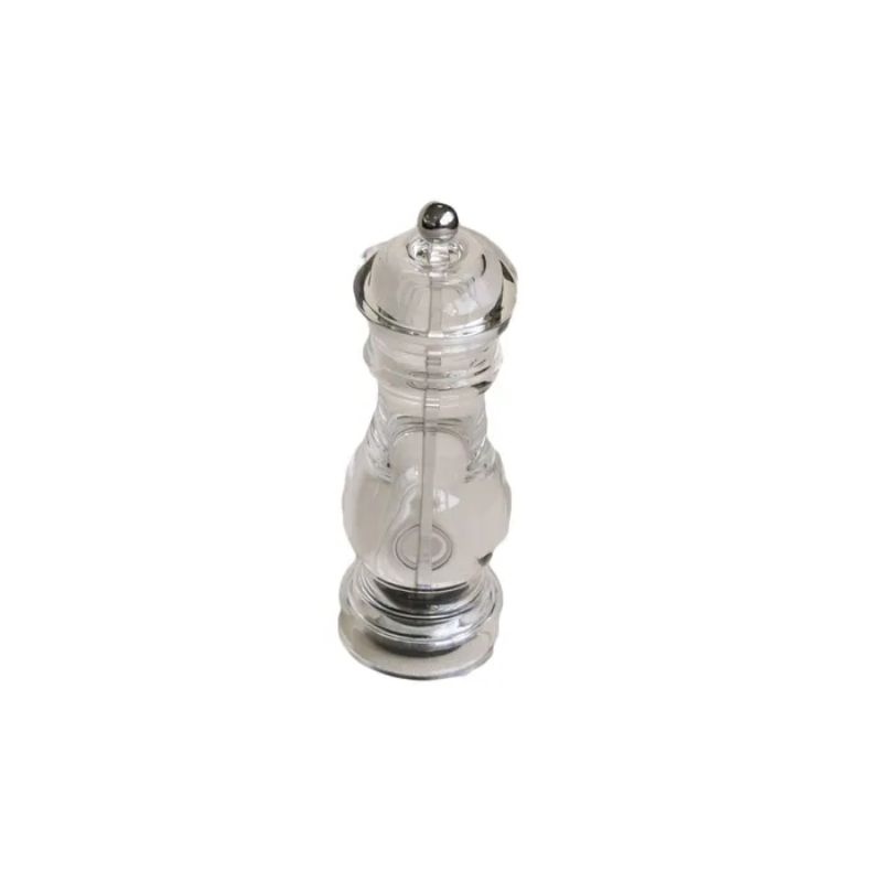 Clear acrylic pepper mill, 15cm tall, stylish design with stainless steel mechanism for effortless seasoning.