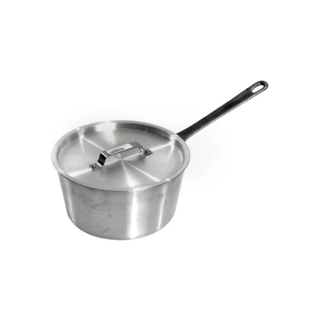 Aluminium saucepan with lid, 7.0ltr capacity, heavy gauge, even heat, riveted handle, suitable for various cooking methods.