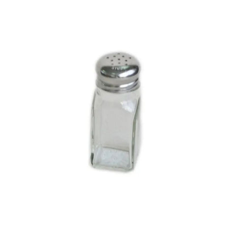 Stylish 60ml glass salt and pepper shakers with stainless steel tops in square Libbey design for seasoning meals.