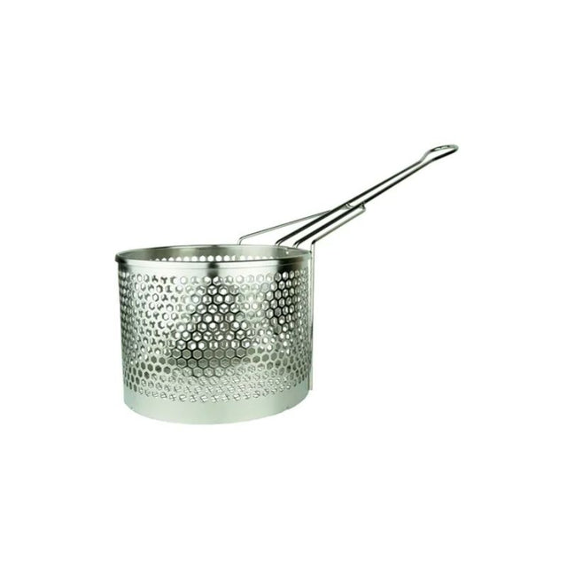 Round Fry Basket 150mm with long handle, chrome-plated, ideal for frying snacks, and includes a hanging hook for storage.