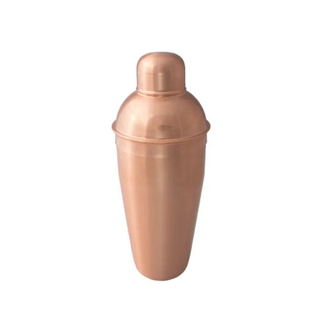 Stainless steel cocktail shaker with copper finish, 24oz capacity, 3-piece design, built-in strainer, perfect for mixology.