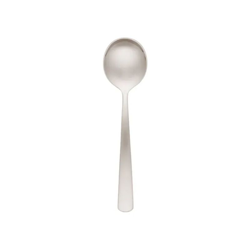 Set of 12 elegant stainless steel soup spoons, 178mm long, perfect for soups and stews, tarnish-resistant finish.