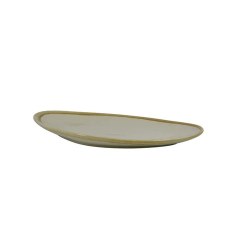 Elegant 350mm triangular narrow plate by TABLEKRAFT, perfect for stylishly serving appetizers and desserts.